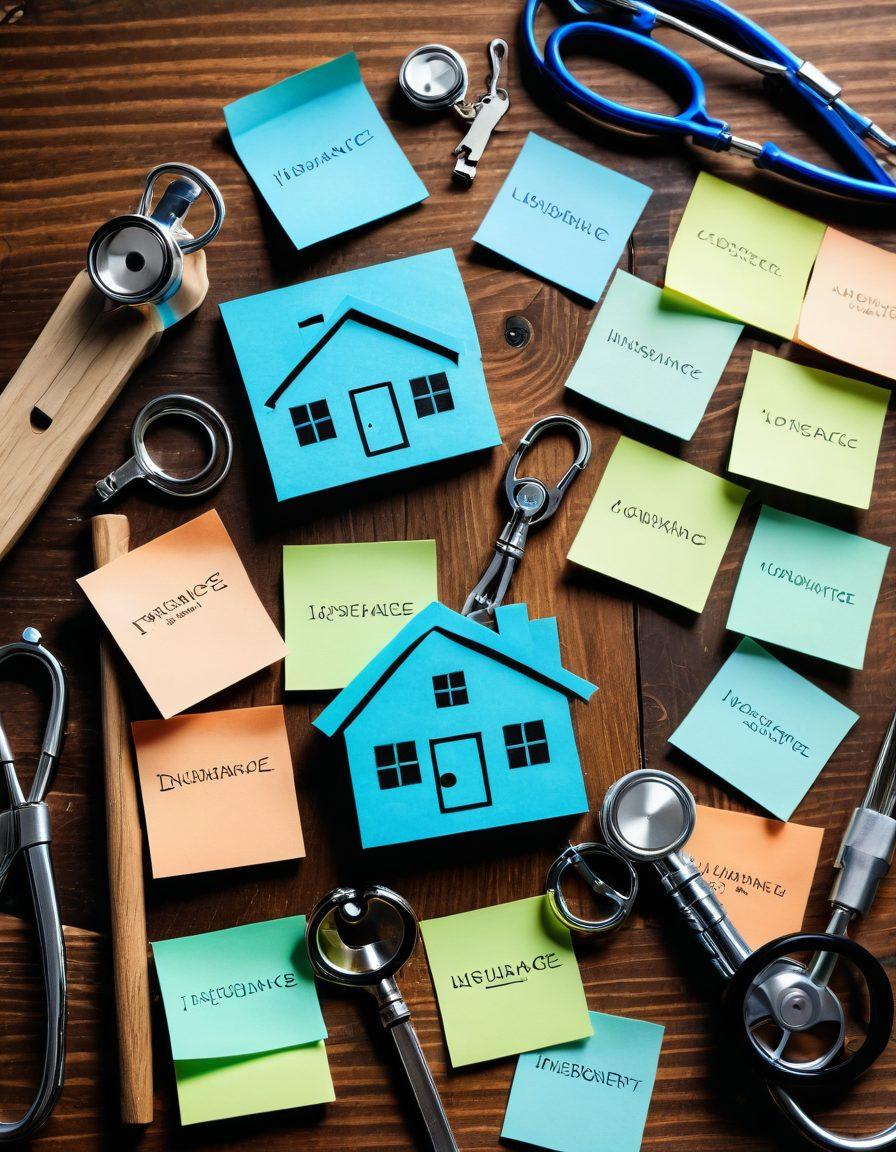 A detailed toolkit laid out on a wooden table, featuring essential items for insurance claims: a stethoscope for health, a car key for auto insurance, and a house model representing property coverage. Accompanying each item are colorful sticky notes illustrating key tips and processes. The background includes a soft-focus blend of blue and green colors, symbolizing trust and clarity. super-realistic. vibrant colors. soft-focus background.