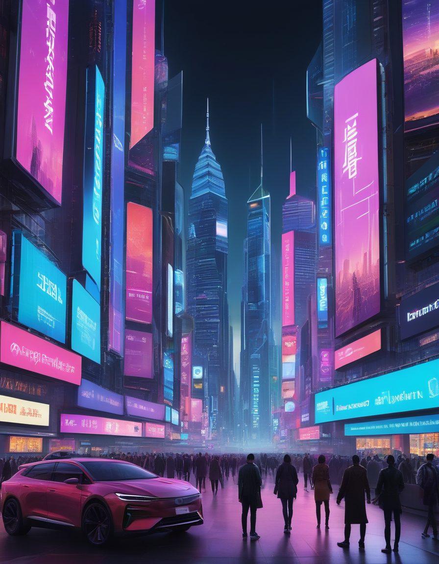 A futuristic city skyline showcasing digital billboards displaying insurance solutions, a diverse group of people engaged with wearable tech, holographic displays of coverage options hovering around them, a sense of innovation and connectivity in the air, bright and inviting colors that convey hope and security. cyberpunk. vibrant colors. super-realistic.