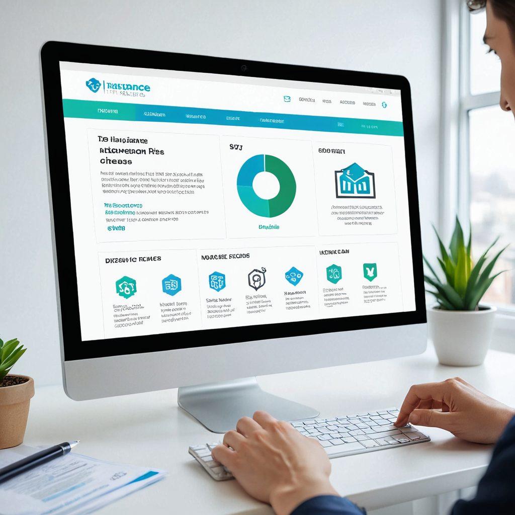 A modern, sleek computer screen displaying a user-friendly insurance website, with a person thoughtfully browsing through various insurance plans. The background features a bright, uplifting atmosphere with subtle hints of digital technology like binary code or network lines. Include graphical icons representing different types of insurance. super-realistic. vibrant colors. white background.